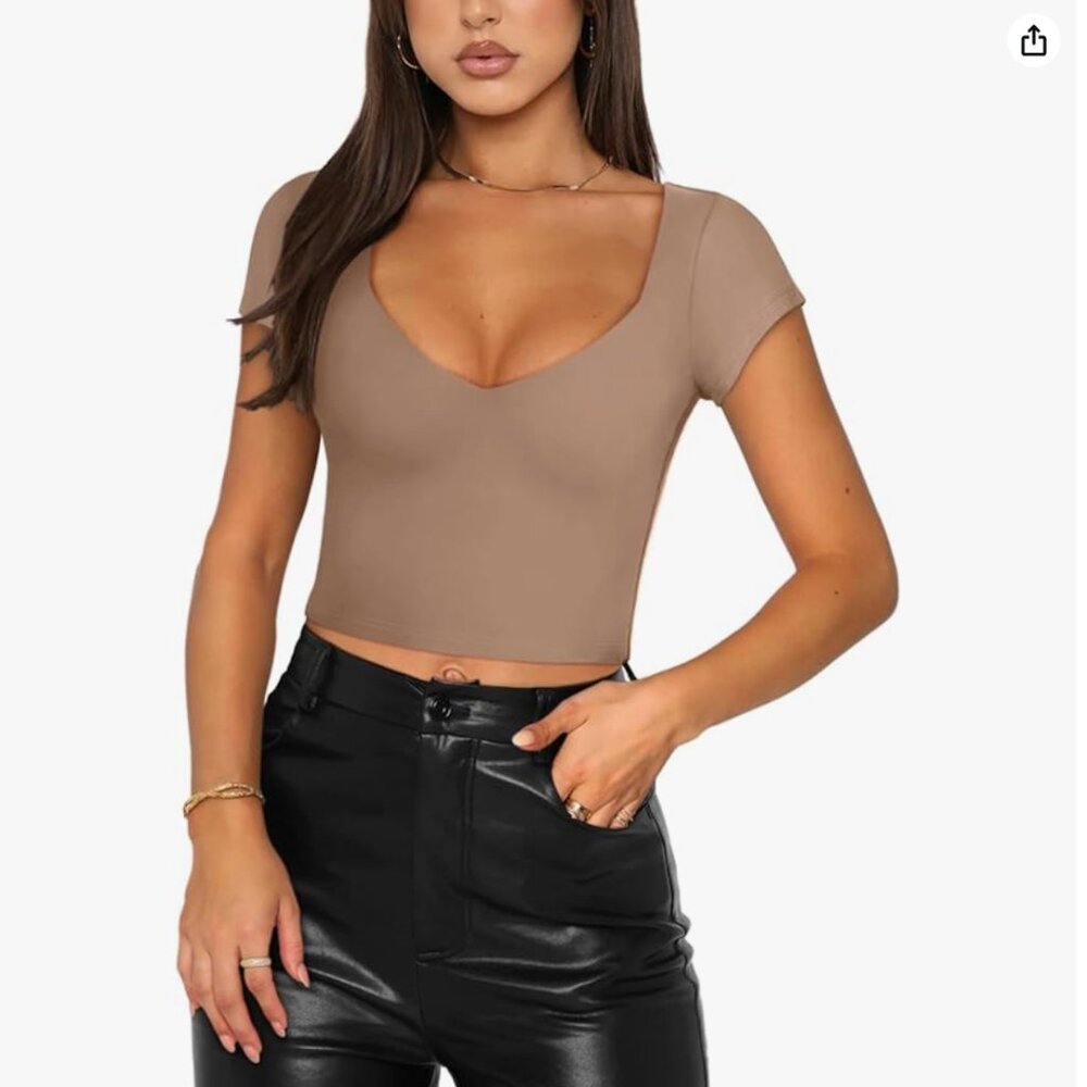 REORIA Sexy V Neck Short Sleeve Top Khaki XL